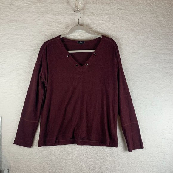 Rails Sweater Women's Medium‎ Maroon Stretch Long Sleeve Eyelet V-Neck 7635 - Picture 1 of 7